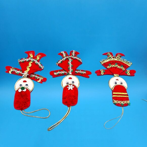 Vintage Red Felt Toy Soldier Ornaments w/ Googly Eyes & Gold Trim 1960s v5 - Picture 7 of 11